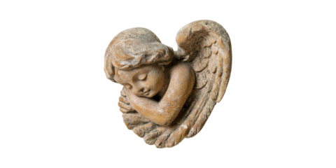 Stone cherub angel statue with folded arms and wings isolated on transparent background
