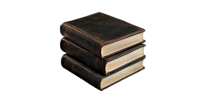 Stack of vintage leather-bound books with aged pages isolated on transparent background