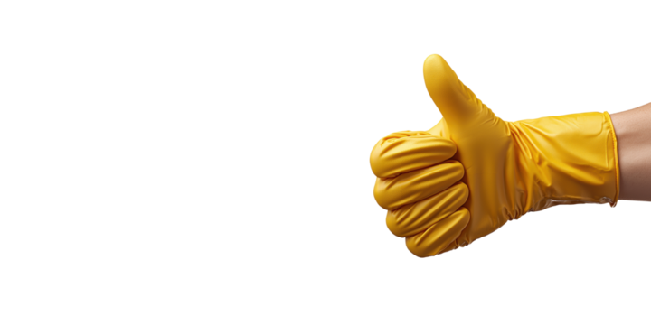 Yellow rubber glove hand giving thumbs up isolated on transparent background