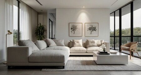 Modern White Living Room with Sleek Gray Cabinet