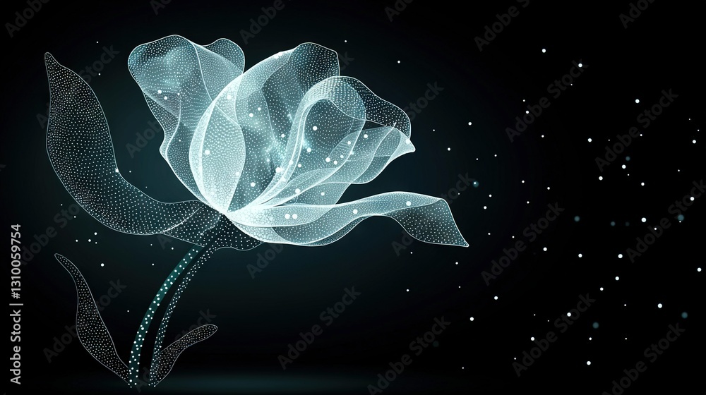 Wall mural a white rose on a black background with a wavy pattern of lines and a floral pattern of dots