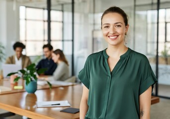 Fototapeta premium Confident woman smiling in a modern office environment with colleagues