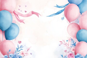 Gender reveal party invitation templates with watercolor pink and blue balloons, flowers, ribbons, and banner on a poster background, vector illustration, ribbons, templates, pink