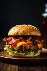 Spicy fried chicken burger with crispy bacon and melted cheese on a dark wooden table, night, burning