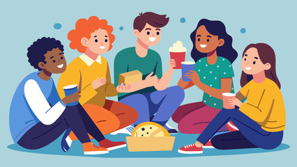 In the corner a group of teenagers hunch over their plates eagerly swapping food and stories in between bites glad to have a place to gather and. Vector illustration