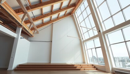 Modern architectural interior design urban loft space professional photography bright environment wide-angle view contemporary concept