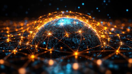 Global network connection, digital data flow, dark background, futuristic technology