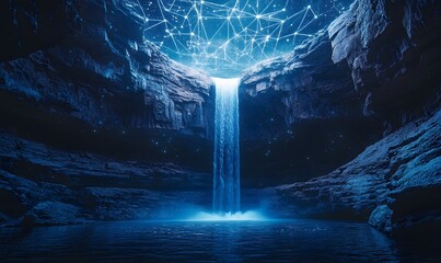 Mystical waterfall with connected network above the rock formation landscape view