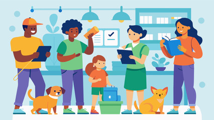 A group of volunteers organizing a petthemed scavenger hunt around the store to keep kids entertained.. Vector illustration