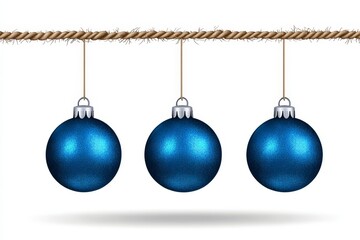 Blue Christmas Balls Hanging on Rope - Three shiny blue Christmas balls are hanging from a rope, creating a festive atmosphere perfect for holiday decorations