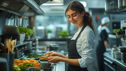 Bright kitchen, an energetic woman in work attire efficiently prepares a legurme ready meal, showcasing the quick and hassle-free experience, the environment is clean and vibrant․