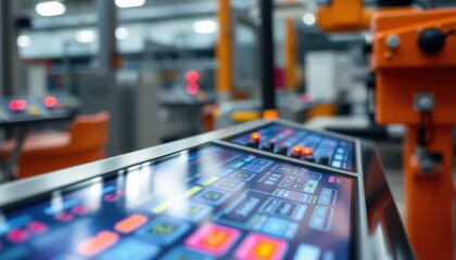 Industrial automation control panel modern manufacturing facility technology overview indoor environment close-up perspective innovation insights