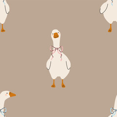 Seamless goose pattern on a colored background. Vector illustration for printing on fabric, wrapping paper, cute children's background