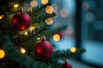 Twinkling lights create a cozy atmosphere on pine, holiday, sparkle