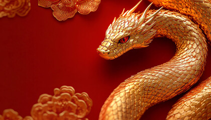 Obraz premium Stylized 3D rendering of a golden serpentine dragon on a crimson backdrop, perfect for Chinese New Year celebrations, luxury design, or themes of prosperity and abundance.