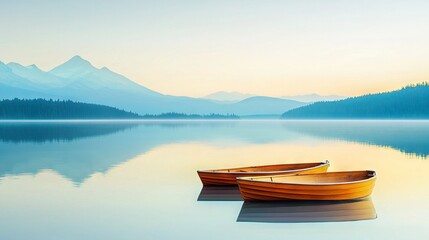 Obraz premium A few boats float on a lake beside a forest-covered mountain capped with snowy peaks in the background