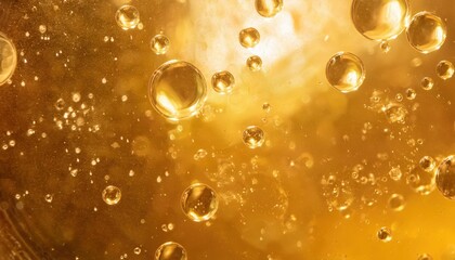 golden oil bubbles floating in liquid with warm light, abstract macro background for beauty, skincare, and science themes