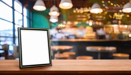 Vintage Blank Photo Frame Amidst Warm, Rustic Coffee Shop Interior with Ambient Blurred Coffee Shop Background, Evoking a Cozy Atmosphere and Inviting Mood.