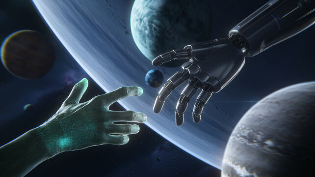 A cybernetic hand and an ethereal human-like hand reaching towards each other in outer space with planets in the background ai generated