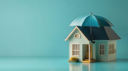 Home under Protection: House shielded by Umbrella with a light blue background emphasizing Safety and Security. 