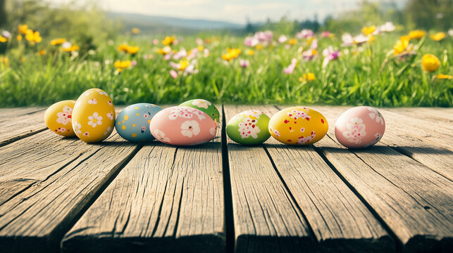 Empty wooden table background - Easter spring theme. Colorful Easter egg hunt on a sunny spring meadow with floral background 