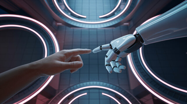 A robotic hand reaching out to touch a human finger in a futuristic neon-lit environment ai generated