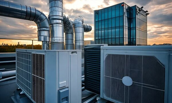 HVAC Units on a Rooftop at Sunset