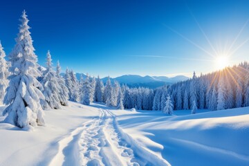 Fototapeta premium mountains towering over a dense, serene forest blanketed in white