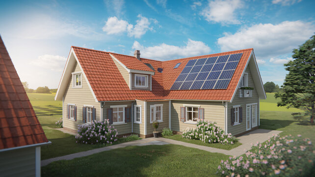 A countryside house with solar panels on its roof, surrounded by lush greenery under a bright sky ai generated