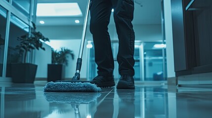 Worker mopping polished tile floor in modern office building ensuring cleanliness and hygiene under artificial lighting