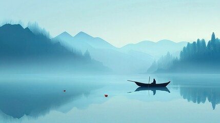  A boat glides atop a lake beside a verdant, mist-shrouded mountain range