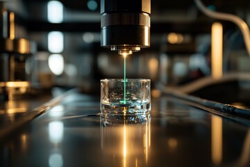 A green laser is situated on an optical table within a laboratory that specializes in quantum optics