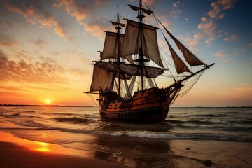 Obraz premium Vibrant sunset over tranquil sea with gentle waves and majestic ship silhouetted in warm hues