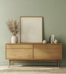 Modern wooden sideboard with empty frame and dried plants on a sage green wall.