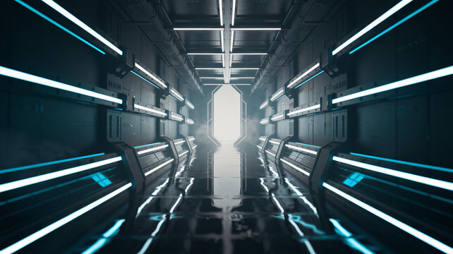 A neon-lit sci-fi corridor with glowing blue lights leading toward a bright exit ai generated