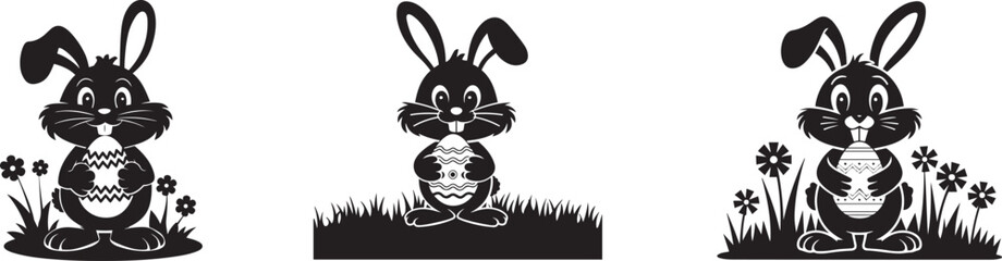 Obraz premium set of black silhouette Easter bunnies hold decorated eggs, surrounded by grass and flowers