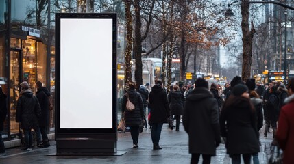 Busy urban street with blank billboard during winter evening