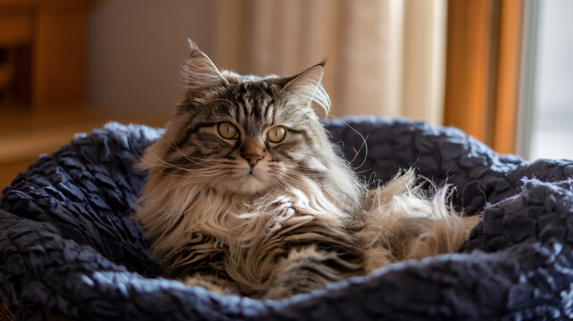 A majestic long-haired cat relaxing in a cozy knitted basket near a window ai generated