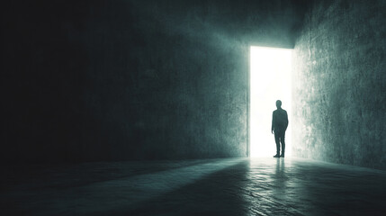 Silhouette of person standing before bright doorway in dark room, symbolizing hope, transition, or new beginnings, ideal for motivational or spiritual concepts
