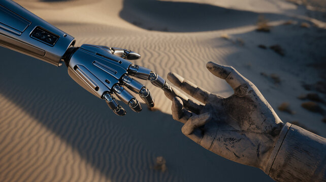 A futuristic image depicting a robotic hand reaching out to a weathered human hand in a desert setting ai generated
