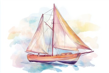Fototapeta premium Sea sailboat in pastel colors. Illustration in watercolor style. Sketch of a boat or yacht for children's design in a marine style. Clip art of a ship with a sail for decorating a children's room