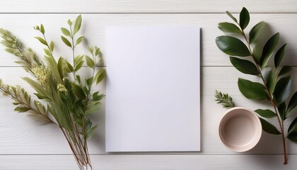 Blank Sheet of Paper Mock Up on a Rustic White Wooden Table Against a Minimalistic Backdrop, Offering an Inviting Canvas for Creativity and Inspiration