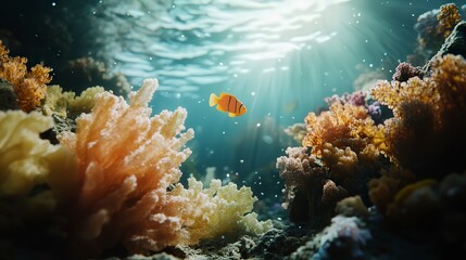 Obraz premium coral blue water background, underwater life, underwater scenery, blue water background