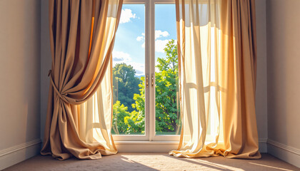 Cozy Morning with Open Window and Flowing Curtains for Interior Design