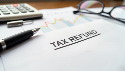 Tax refund check details on office desk, financial organization