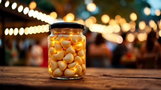 A glass jar with a glossy black cap filled with pickled white garlic cloves