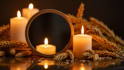 Candlelight reflecting on mirror with wheat, Nowruz celebration