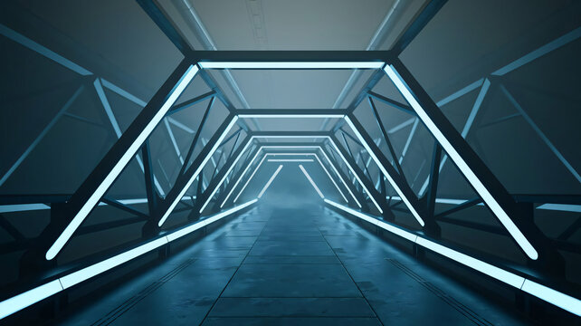 A futuristic corridor illuminated by neon blue lights, creating a sci-fi atmosphere ai generated