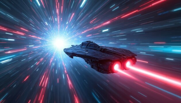 Futuristic spaceship travels through light tunnel in space connecting universes. Sci-fi fantasy craft flies fast leaving red laser beams. Time travel machine for cosmic adventure in galaxy.