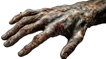 Creepy Realistic Zombie Hand Prop with Decayed Skin and Outstretched Fingers on Transparent Background